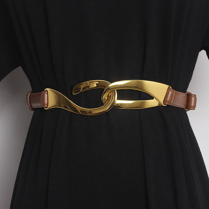Leather corset waist belt with gold buckle and medium brown leather straps