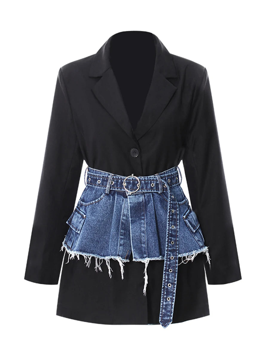 Black blazer paired with dark blue denim flared skirt and silver grommet belt detail