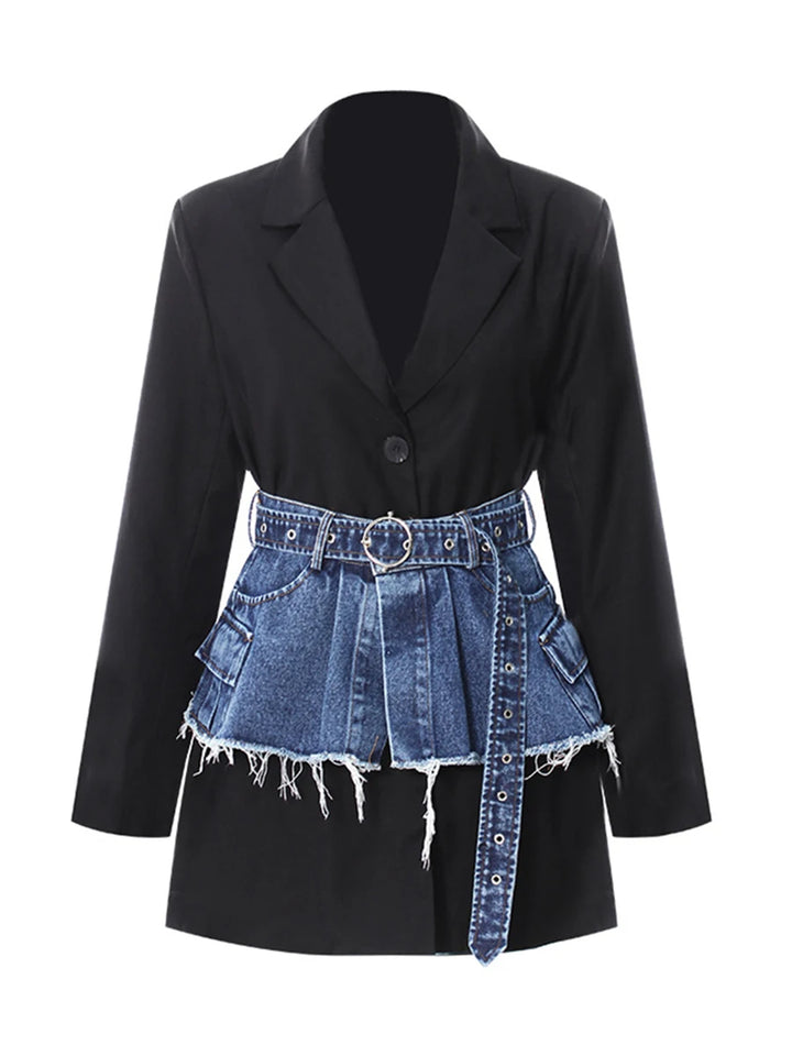 Black blazer paired with dark blue denim flared skirt and silver grommet belt detail