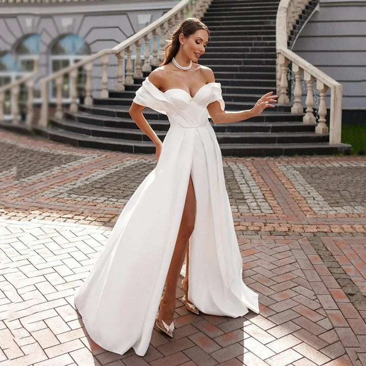Sleek Pleated High Slit Bridal Gown