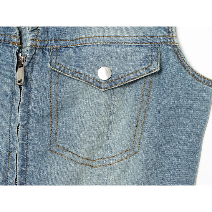 Light blue denim mini dress chest pocket detail with stitched flap and round button