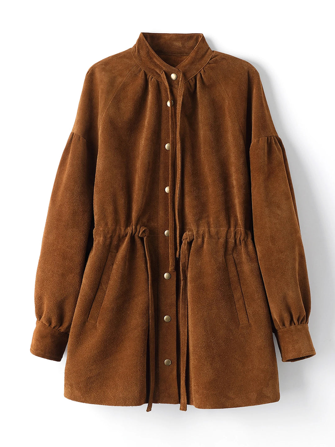 Tan mid-length jacket with button front and gathered cuffs, drawstring waist