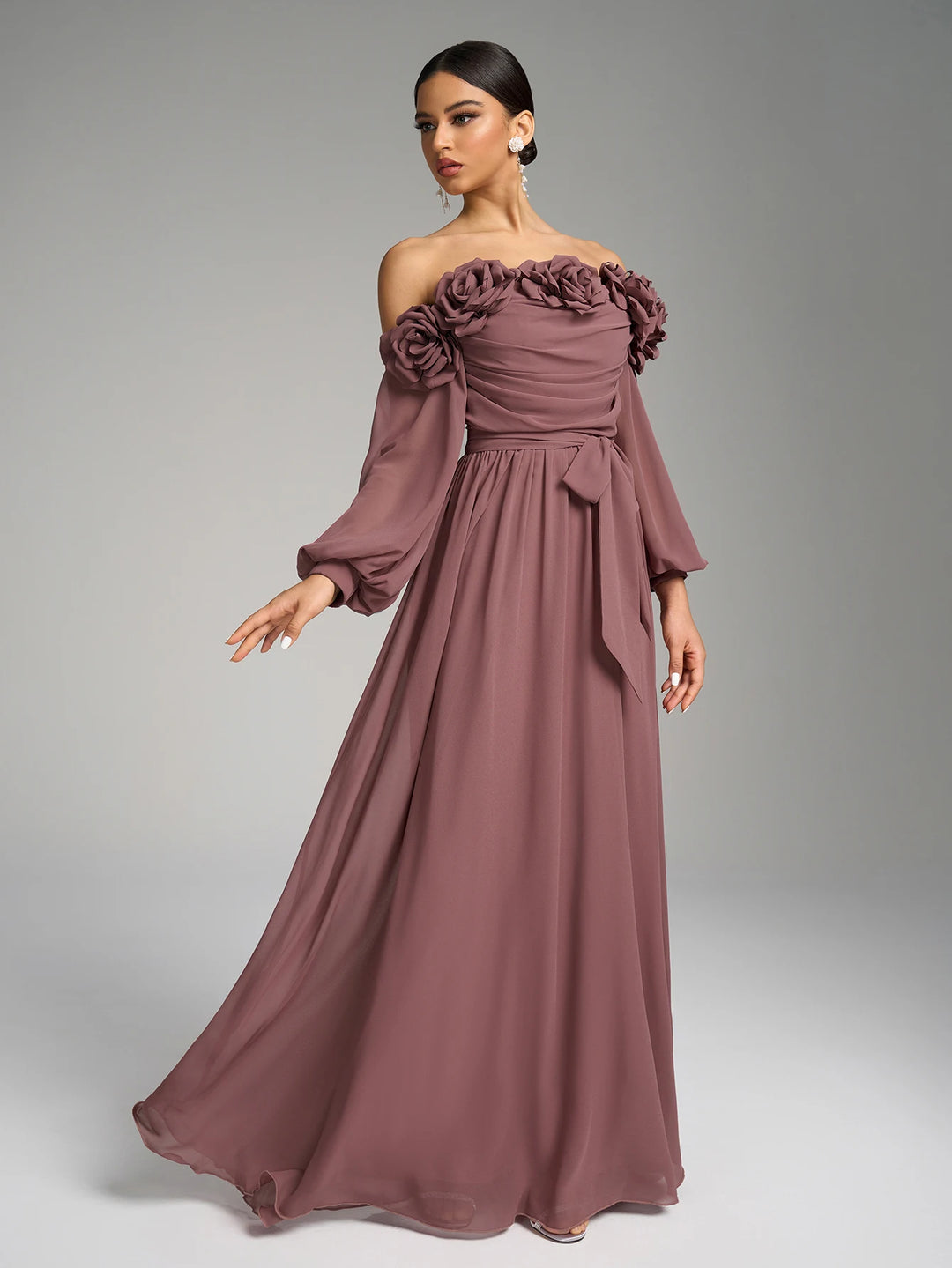 Floral Decor Off-the-shoulder Evening Dress