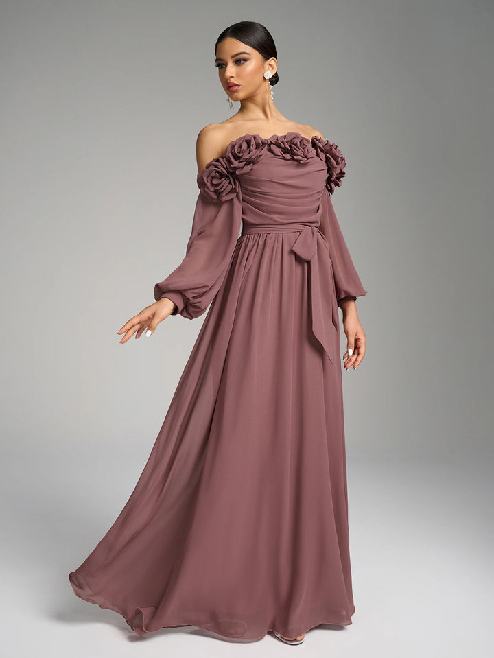 Floral Decor Off-the-shoulder Evening Dress