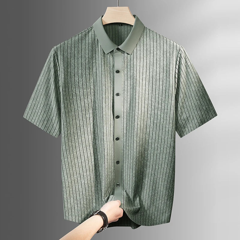 Light green striped short-sleeve button-up shirt on a wooden hanger