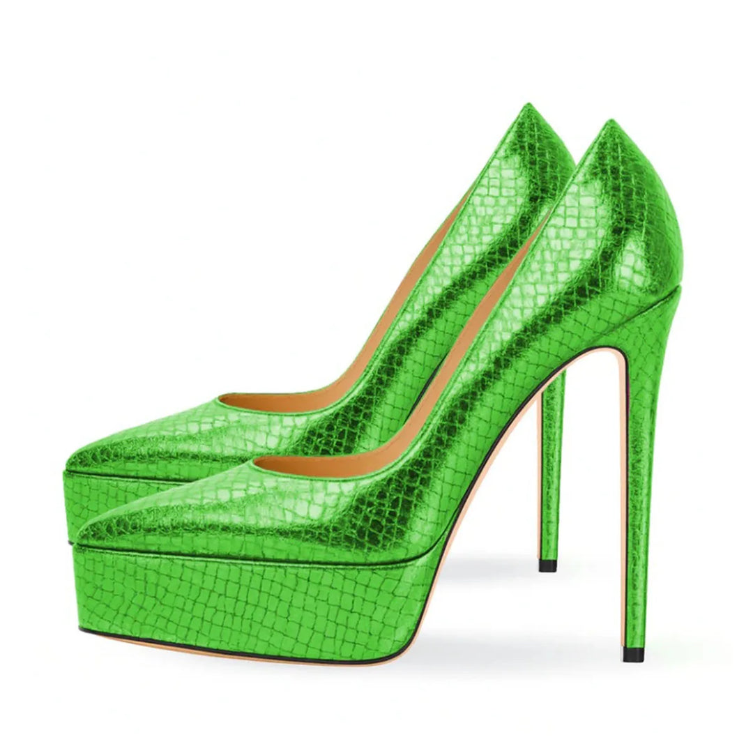 Bright green textured leather high-heel pumps, platform sole, pointed toe, stiletto heels