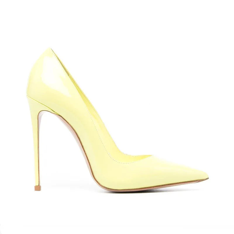 Yellow patent leather high heel pumps with pointed toe and stiletto heel