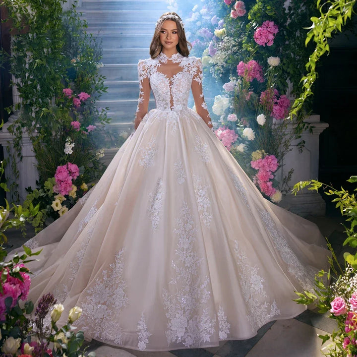 Regal Tulle Lace Long Sleeves Bridal Dress