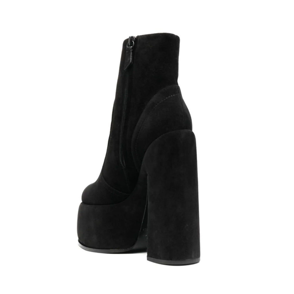 Black faux suede ankle boots with side zipper and tall block heel