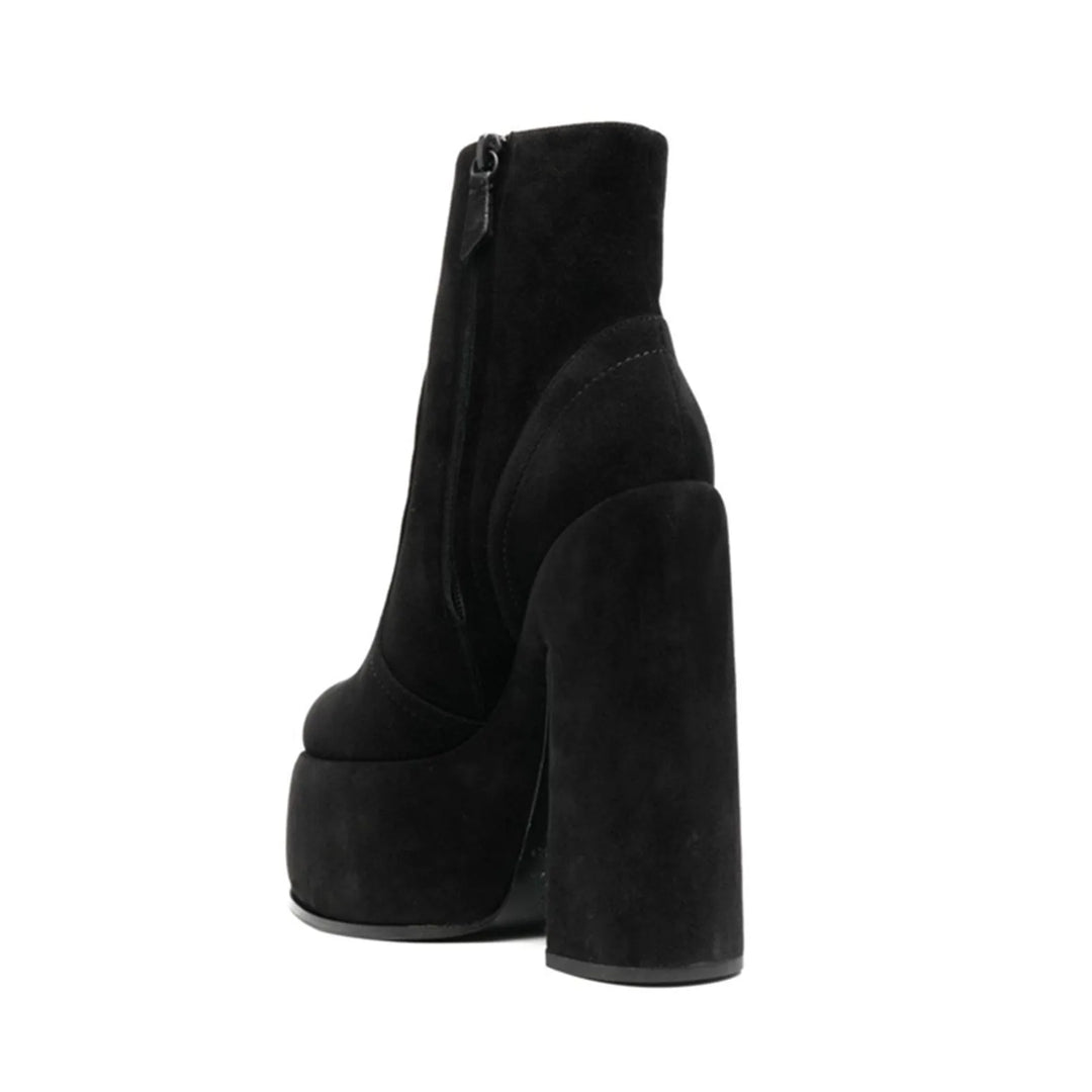 Black faux suede ankle boots with side zipper and tall block heel