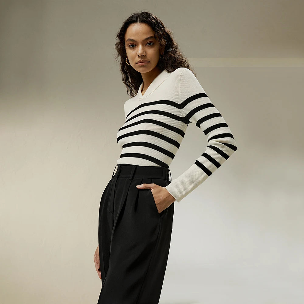 Shawl Collar Striped Wool Sweater