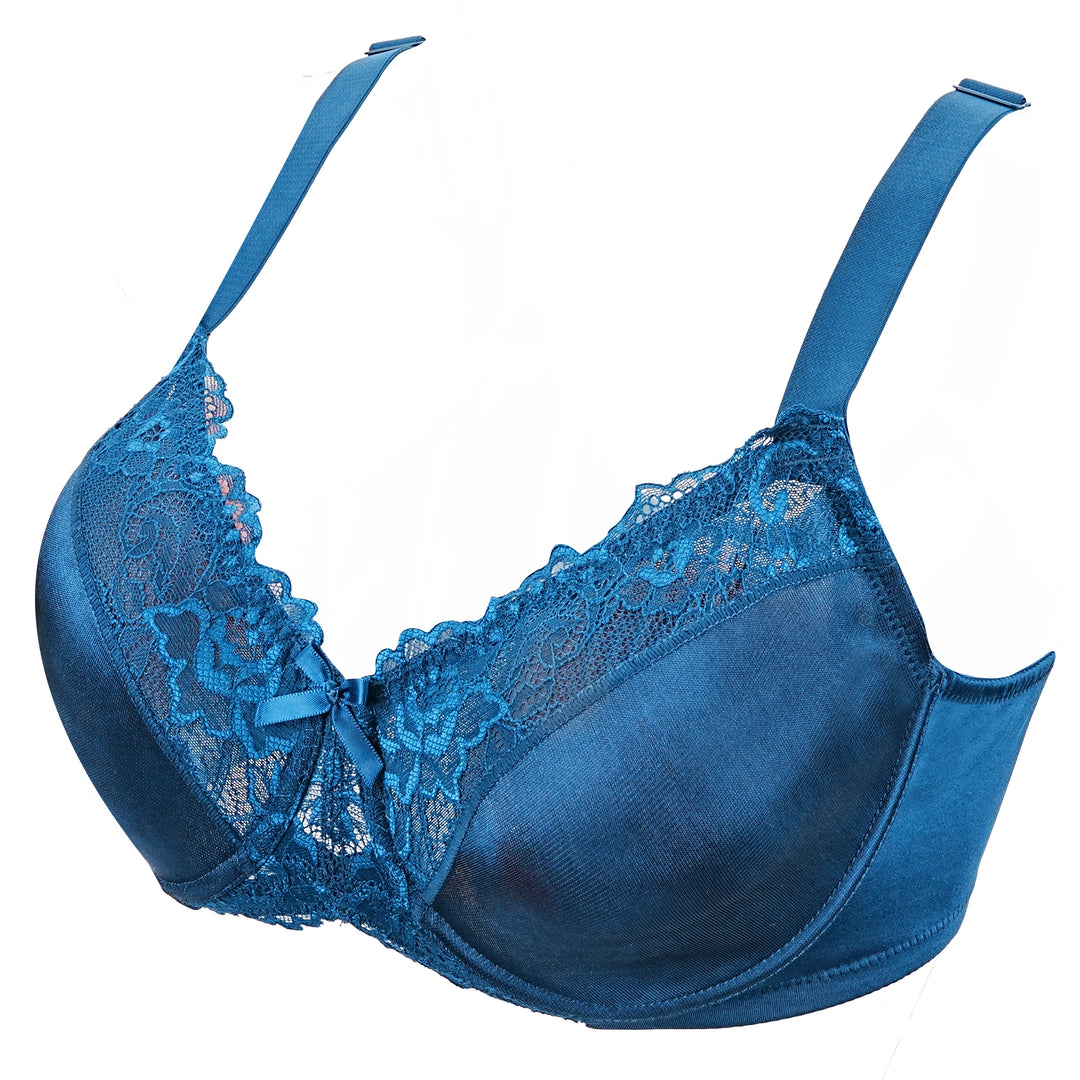 Dark blue lace underwire bra with lace trim and adjustable shoulder straps