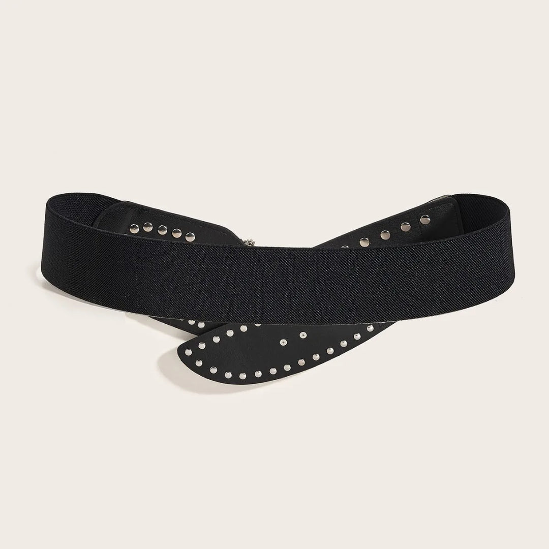 Black wide corset belt with textured surface and silver rhinestone studs