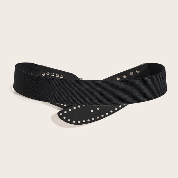 Black wide corset belt with textured surface and silver rhinestone studs