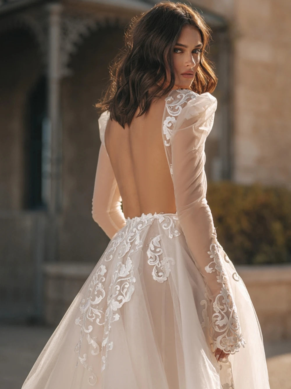 Deep V-Neck Lace Applique Bridal Gown