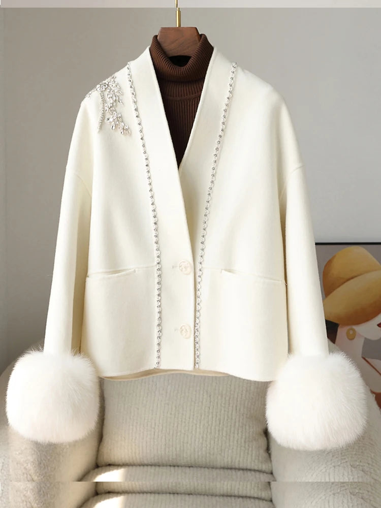 Real Natural Warm Wool Fur Cuff Coat