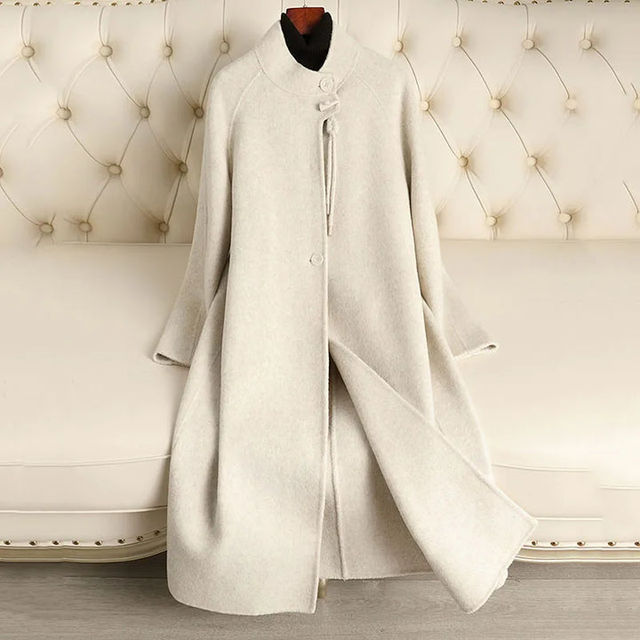 Wool-blend coat in light white, button-front, stand collar, long sleeves, side pockets