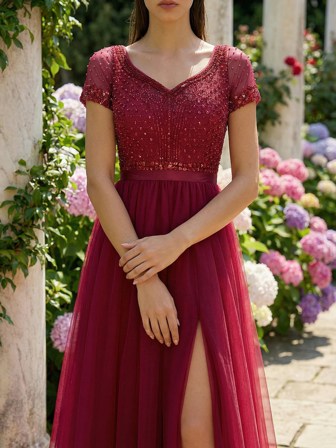 Lovely Beaded High Slit Prom Dress