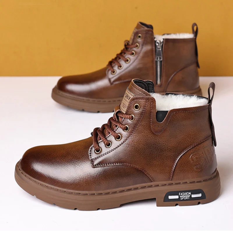 Men's brown leather lace-up snow boots with fleece lining and side zipper