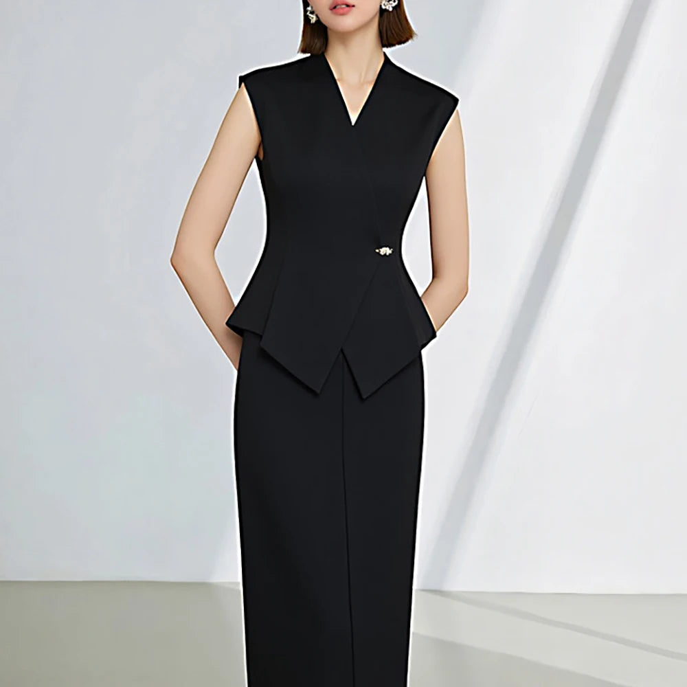 Black womens sleeveless peplum vest and mid-calf skirt set with V-neck, tailored fit