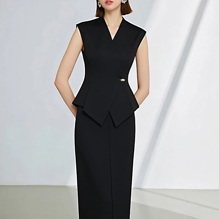 Black womens sleeveless peplum vest and mid-calf skirt set with V-neck, tailored fit