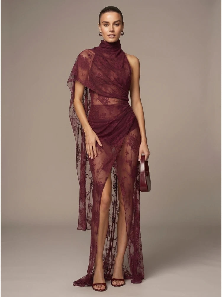 Burgundy sheer lace maxi gown with high halter neck, fitted bodice, thigh slit.