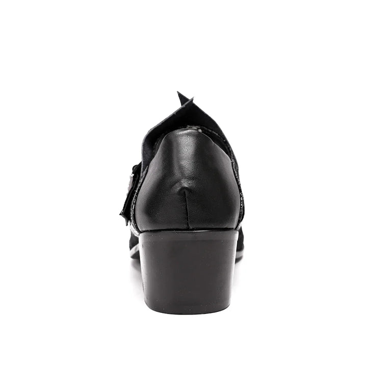 Back view of black leather men’s formal loafer shoe with stacked mid heel