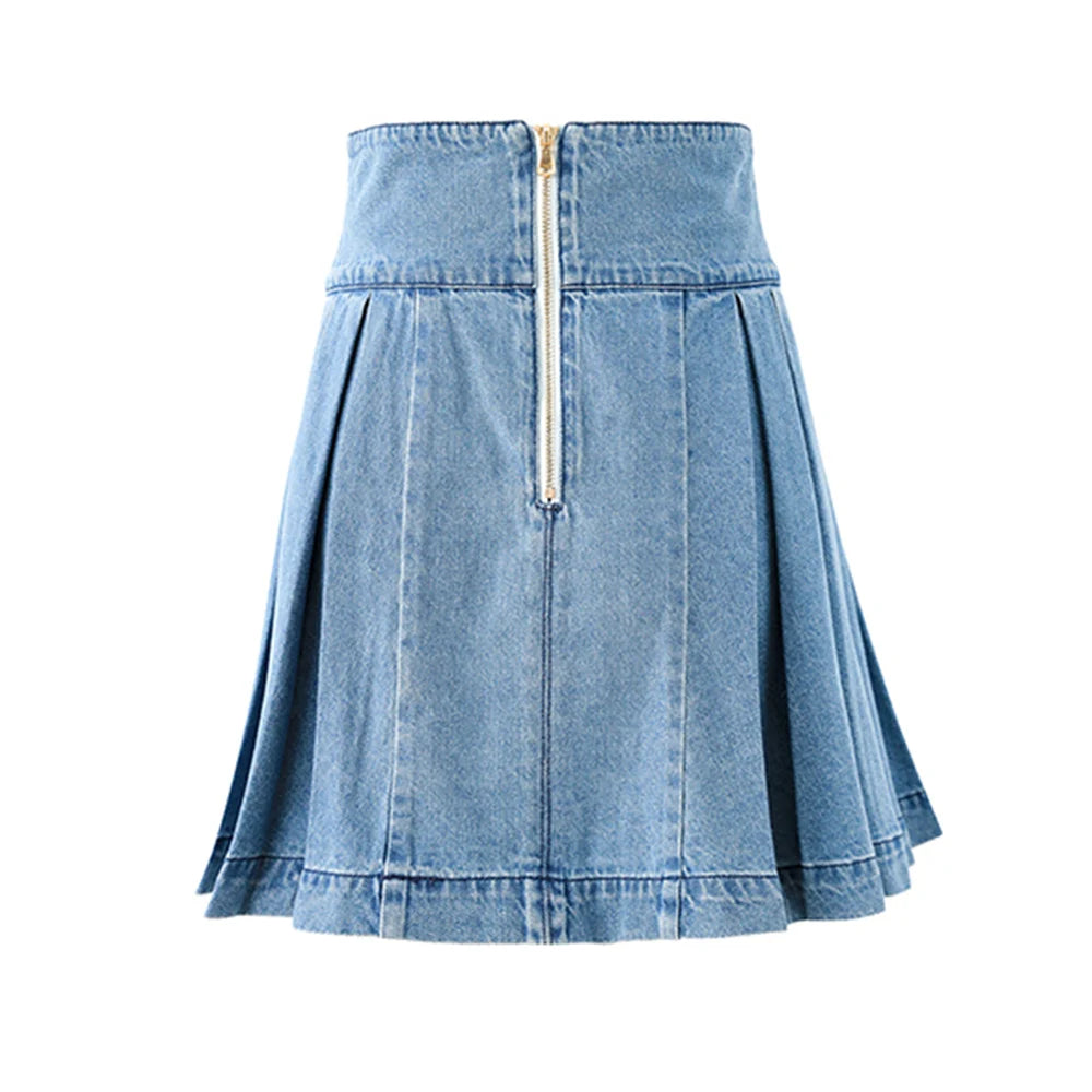 High-Waist Denim Pleated Mini Skirt