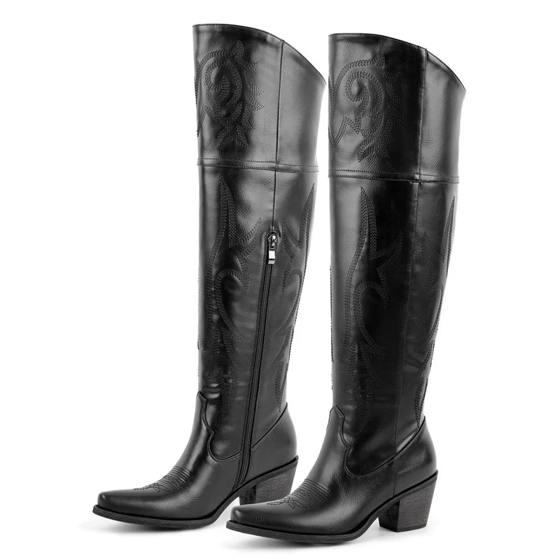 Black knee-high pointed-toe boots with block heel and side zipper detail