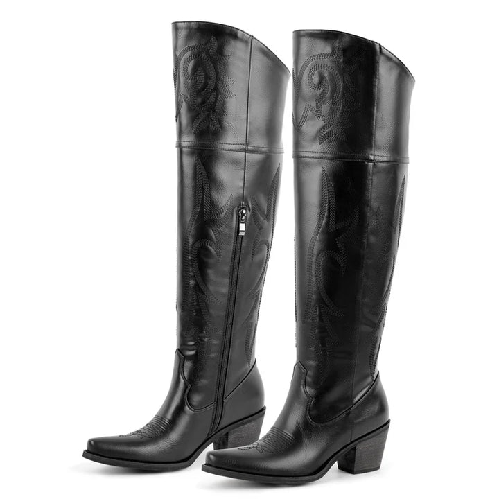 Black knee-high pointed-toe boots with block heel and side zipper detail