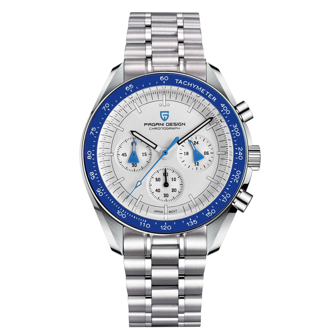 Silver Pagani Design watch with blue accents on a white background