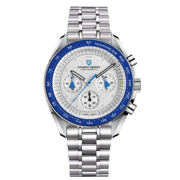 Silver Pagani Design watch with blue accents on a white background
