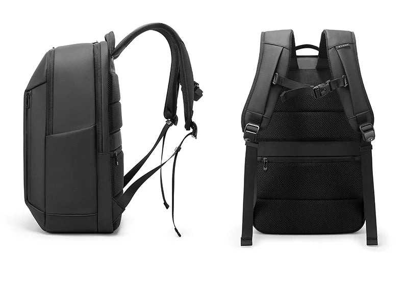 Black business backpack shown from side and front with multiple compartments