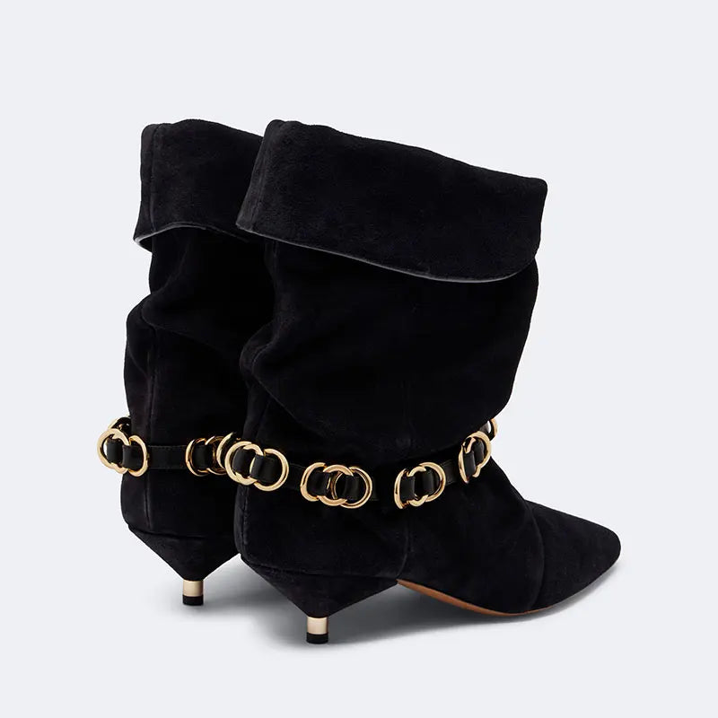Women’s suede mid-calf heel boots, black angled view with gold-tone chain belt
