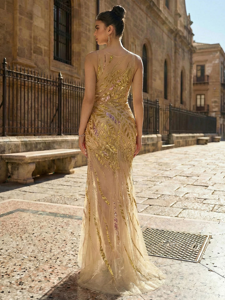 Stunning Beaded High Slit Evening Gown
