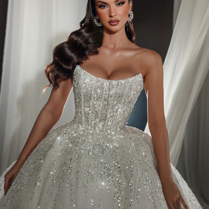 Sparkly Sequins Pearls Arabian Wedding Gown