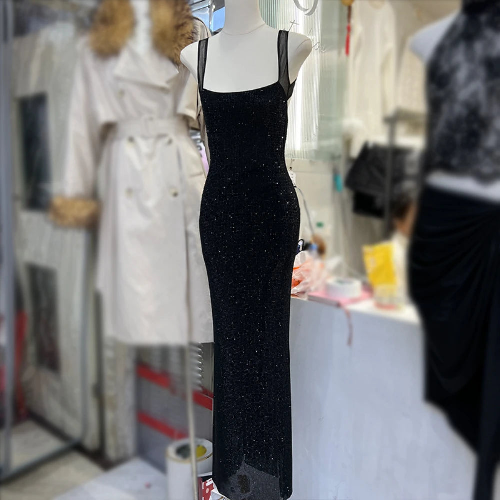Elegant Full Rhinestones Backless Maxi Dress