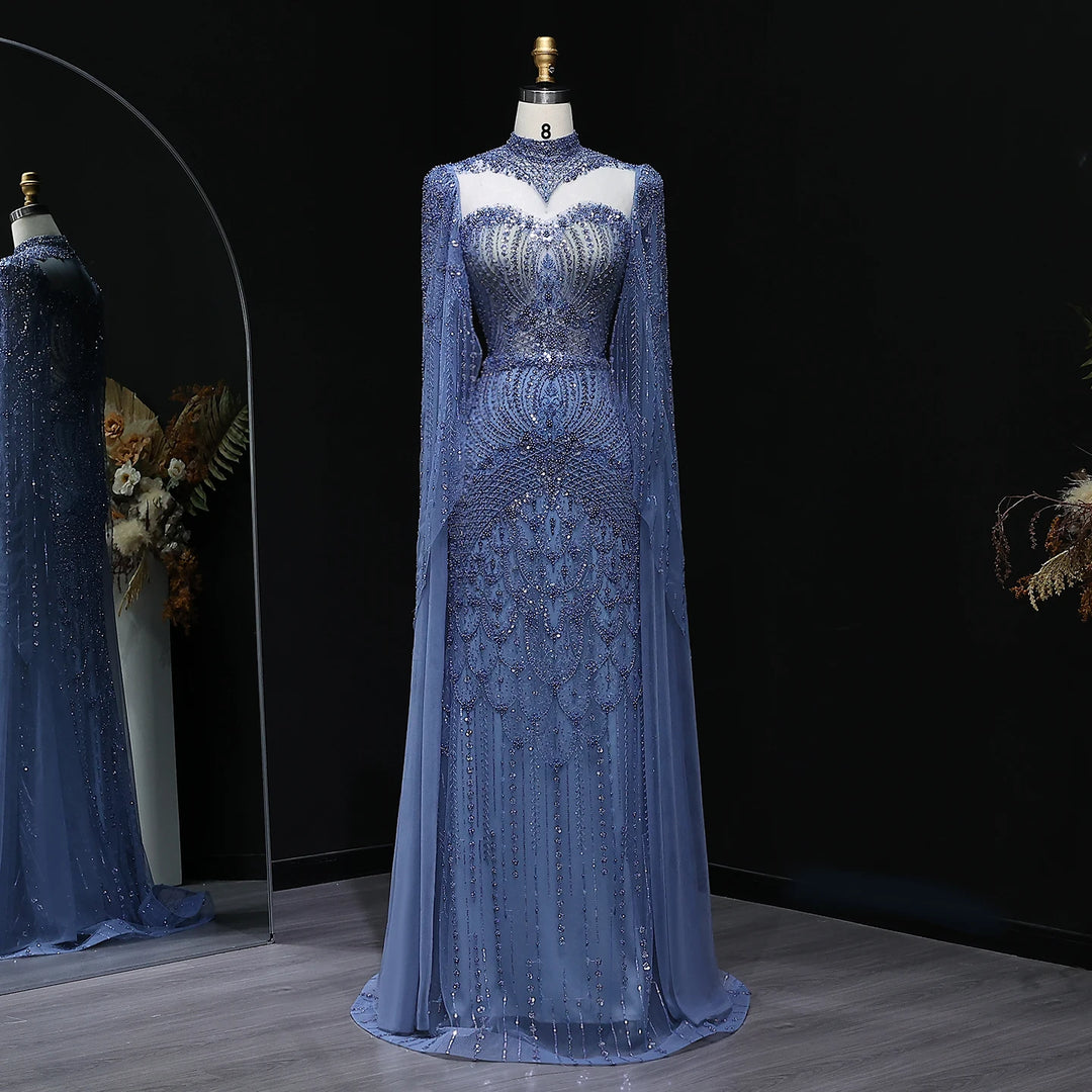 Elegant Beaded Cape Sleeve Arabic Evening Dress - All For Me Today Elegant Beaded Cape Sleeve Arabic Evening Dress - All For Me Today
