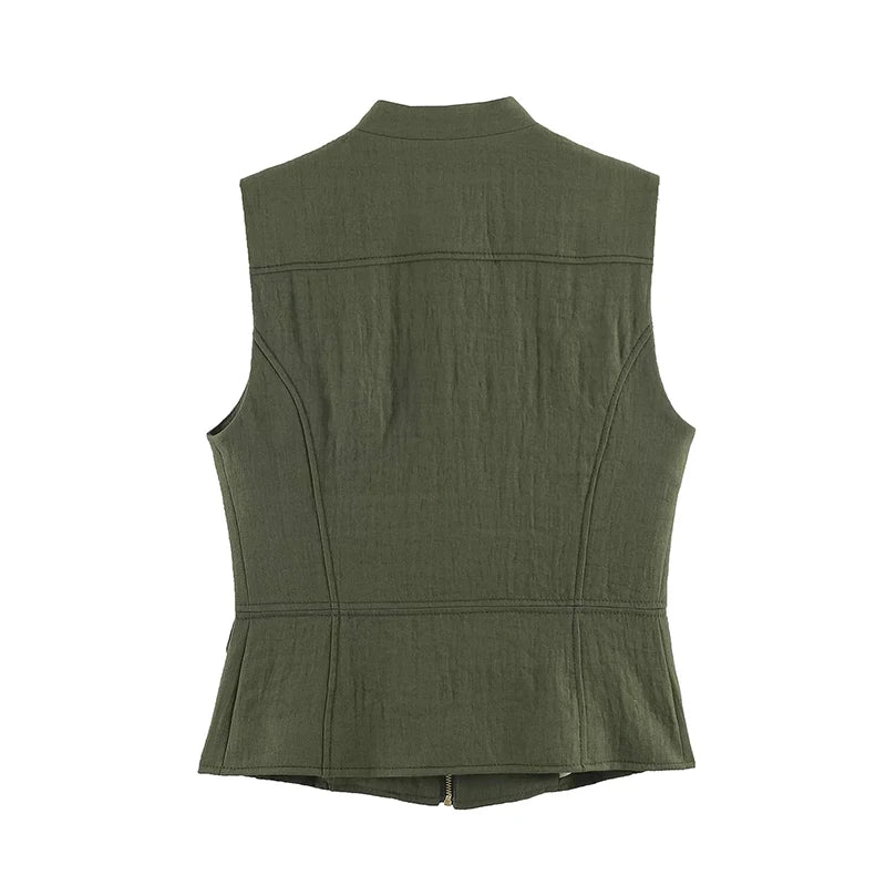 Green women's waistcoat back view with peplum hem and sleeveless cut
