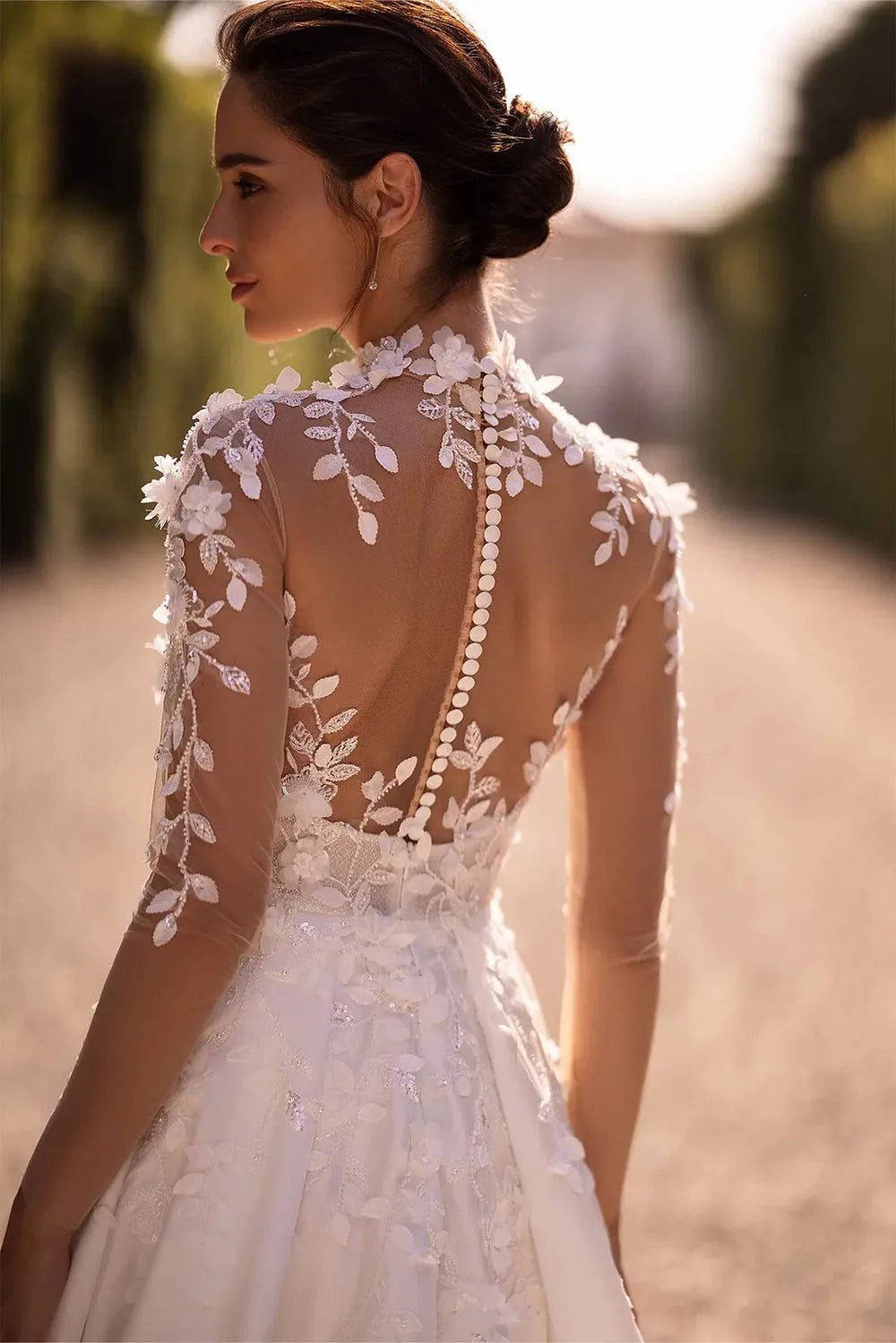 Luxury High-Neck Lace Illusion Bridal Gown