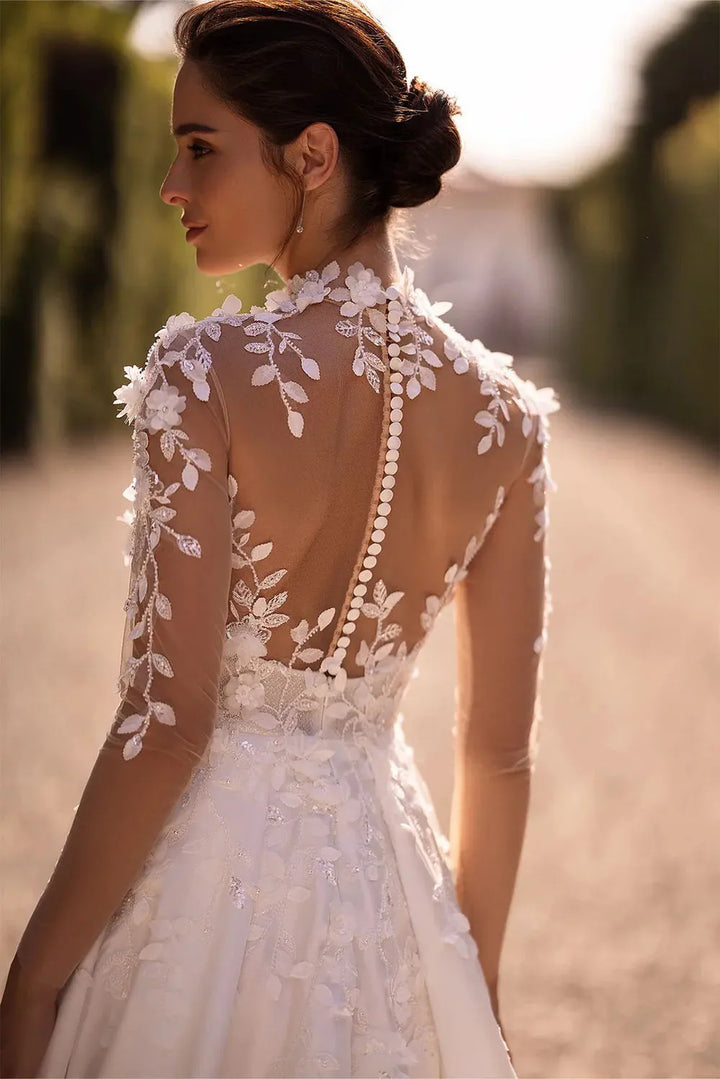 Luxury High-Neck Lace Illusion Bridal Gown
