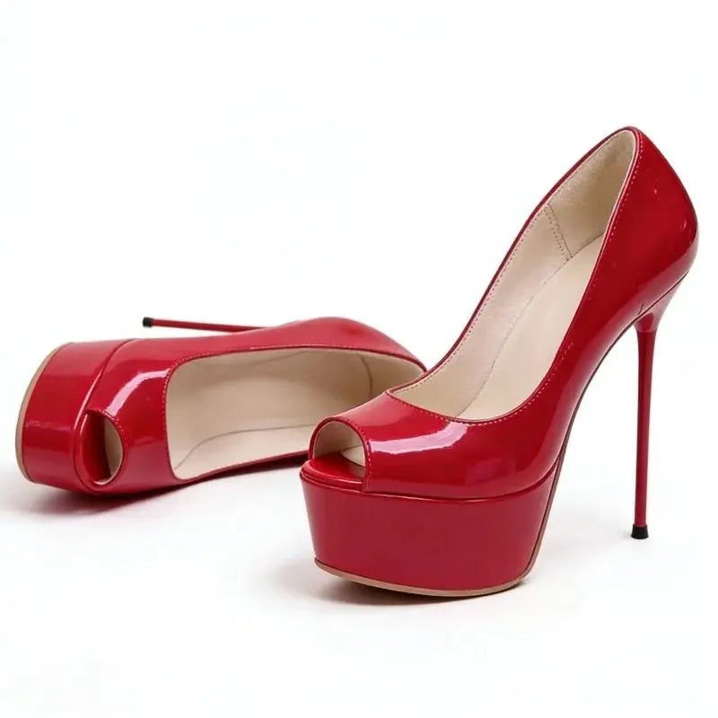 Red patent leather high-heel pumps with platform and open toe