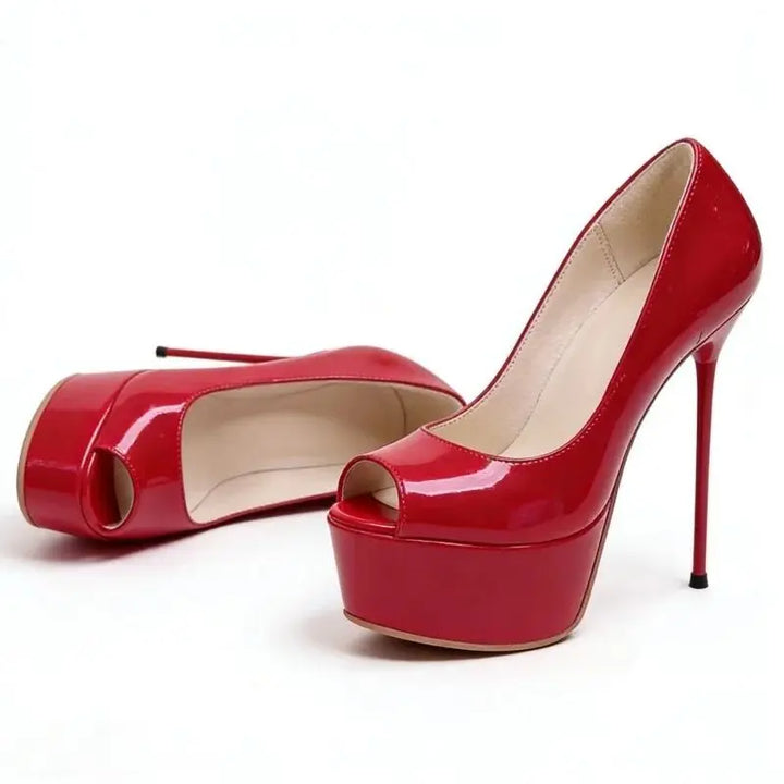 Red patent leather high-heel pumps with platform and open toe