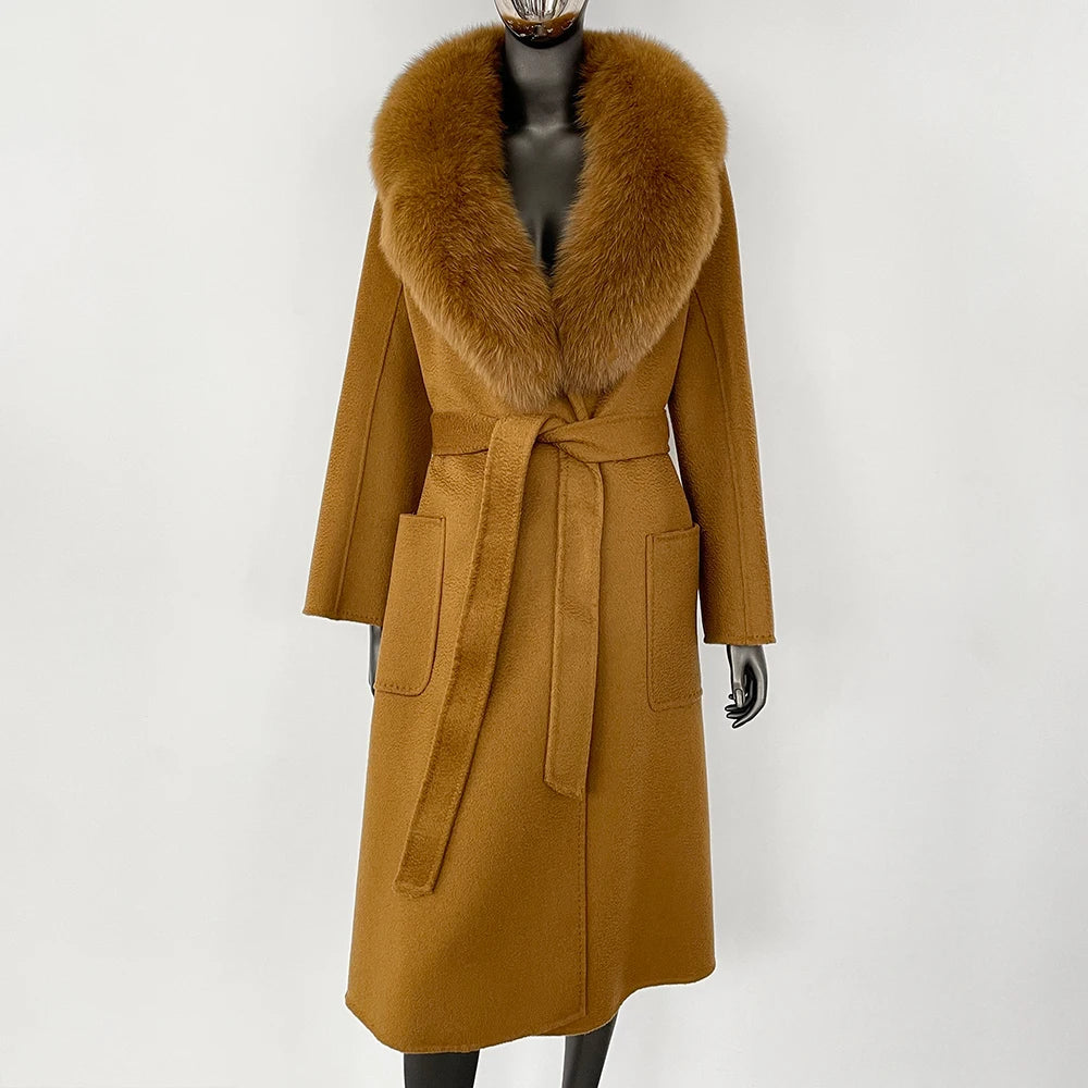 Elegant Natural Wool Fur Long Coat
