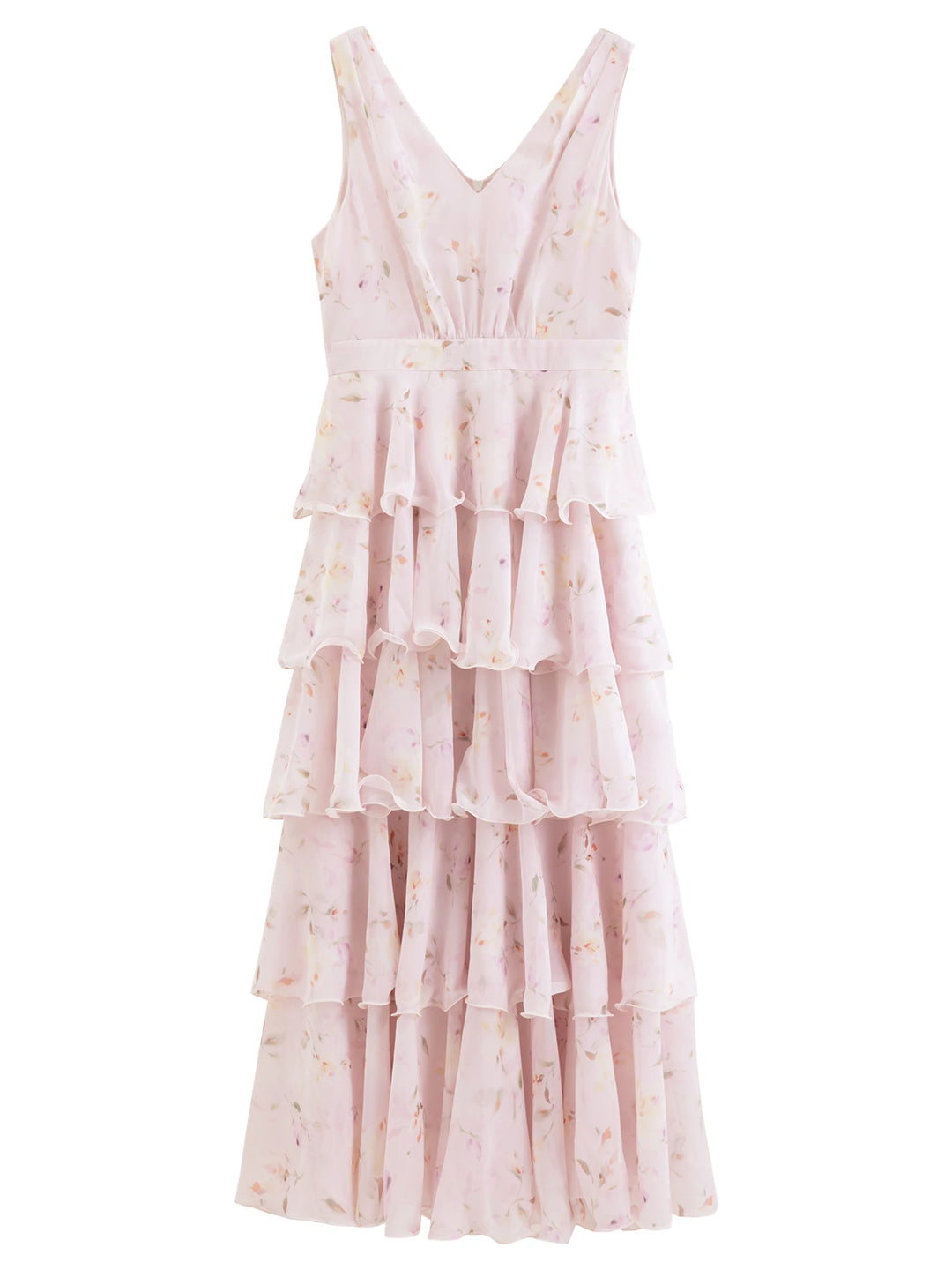 Pink floral tiered ruffle maxi dress with sleeveless V-neck and gathered waist