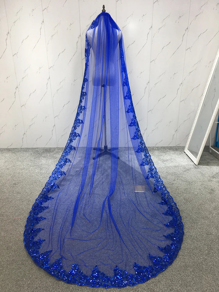 Blue cathedral bridal veil with scalloped sequin lace edging and sheer tulle drape