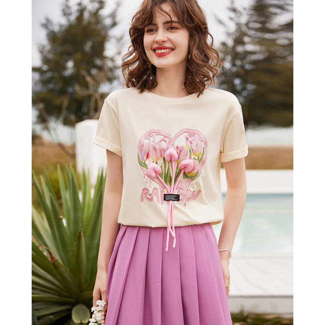 3D Flower Print Casual Pullover T-Shirt