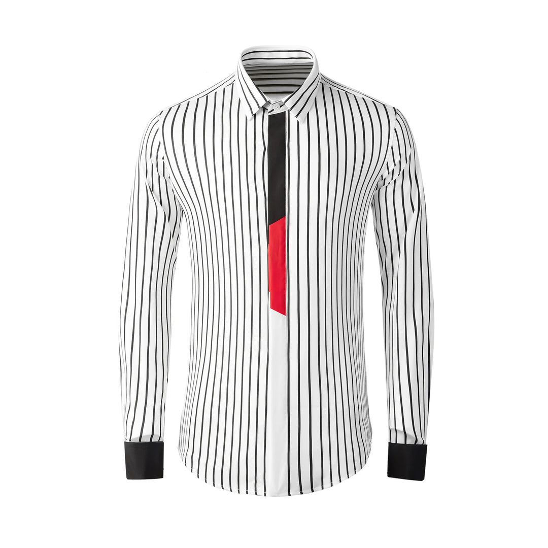 Slim fit striped party shirt, white with black vertical stripes and red front accent