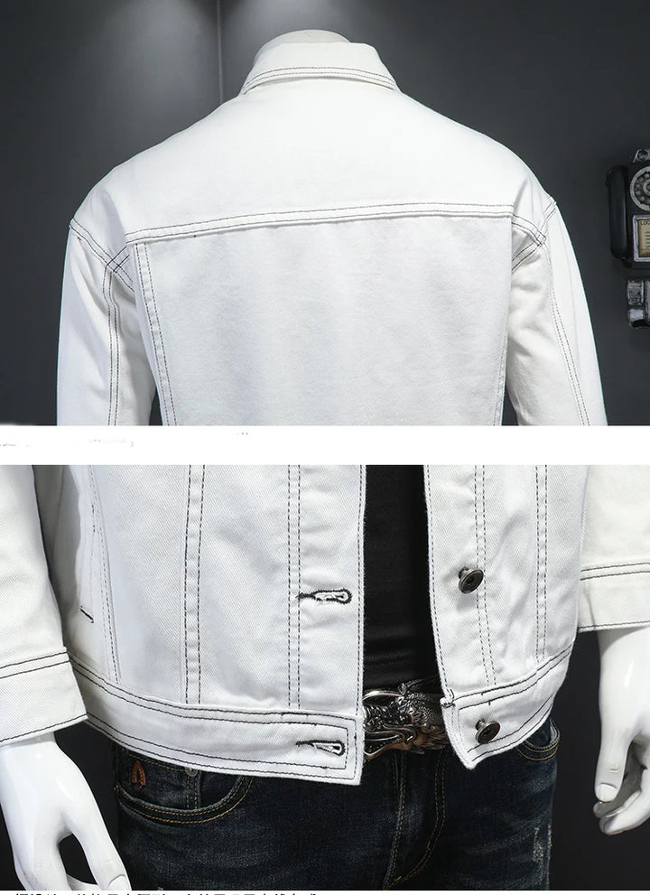 White denim jacket back and hem detail, contrast stitching and buttoned cuffs