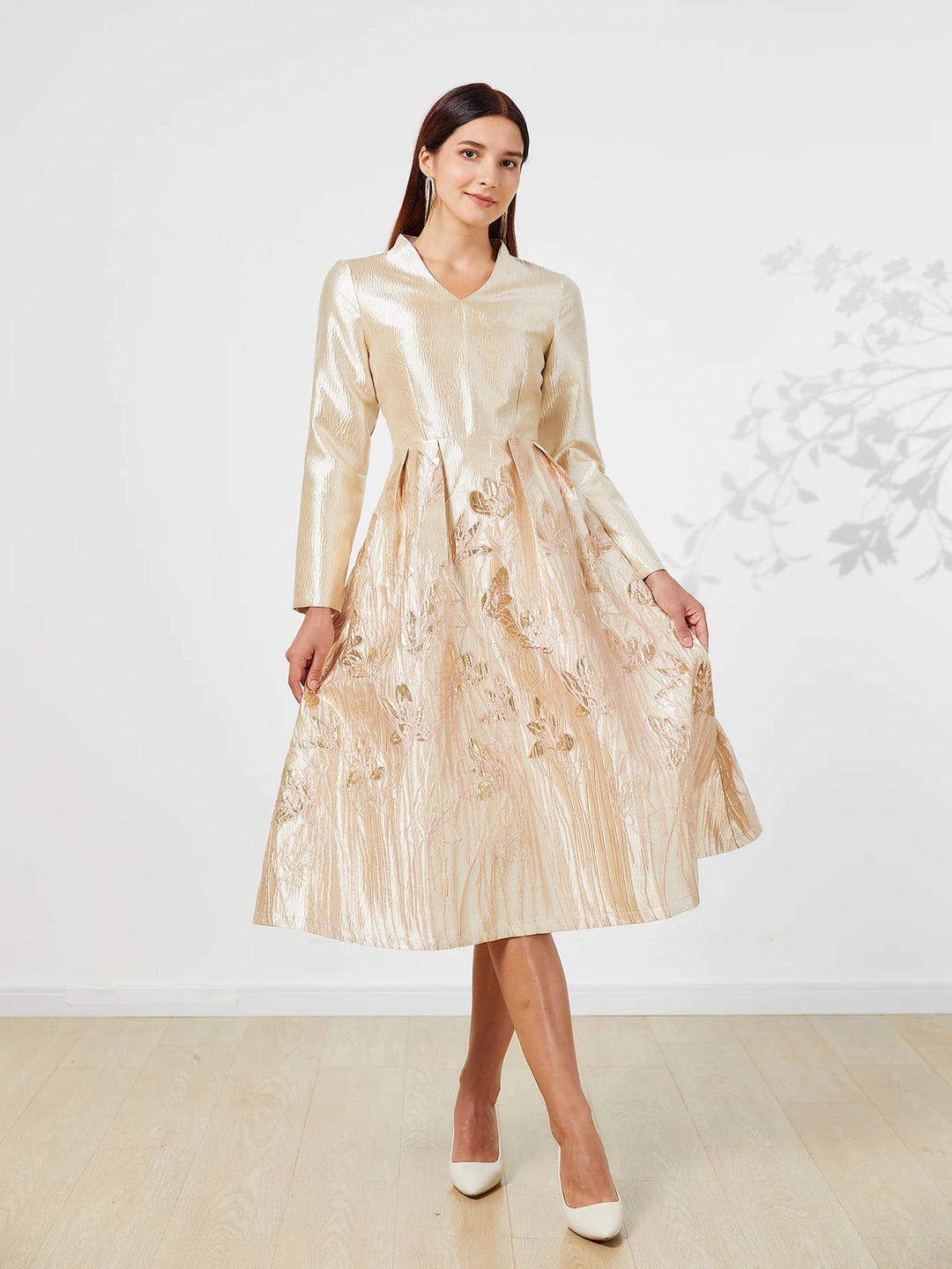 Luxurious Golden Jacquard Midi Skirt Dress